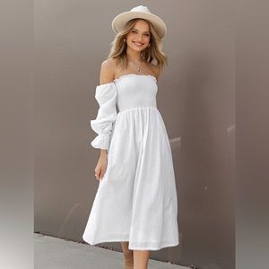 Petal + Pup Domenica Shirred Ling Sleeve Midi Dress - White size small‎